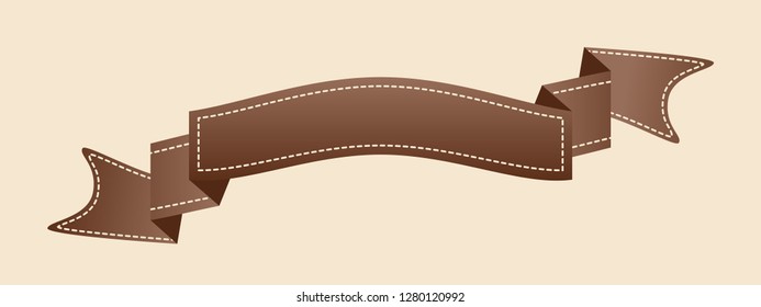 Embroidered flat style brown ribbon isolated on ivory background. Brown fabric vintage tape. Template for banner, award, sale, icon, logo, label, poster etc. Vector illustration