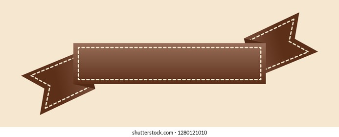 Embroidered flat style brown ribbon isolated on ivory background. Brown fabric vintage tape. Template for banner, award, sale, icon, logo, label, poster etc. Vector illustration