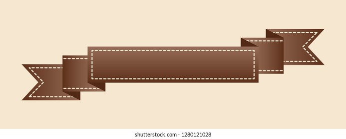 Embroidered flat style brown ribbon isolated on ivory background. Brown fabric vintage tape. Template for banner, award, sale, icon, logo, label, poster etc. Vector illustration