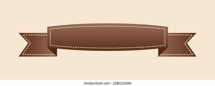 Embroidered flat style brown ribbon isolated on ivory background. Brown fabric vintage tape. Template for banner, award, sale, icon, logo, label, poster etc. Vector illustration