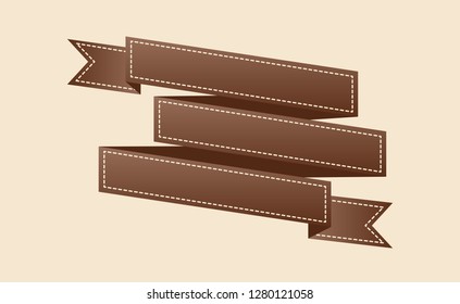 Embroidered flat style brown ribbon isolated on ivory background. Brown fabric vintage tape. Template for banner, award, sale, icon, logo, label, poster etc. Vector illustration