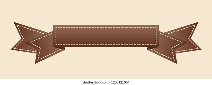 Embroidered flat style brown ribbon isolated on ivory background. Brown fabric vintage tape. Template for banner, award, sale, icon, logo, label, poster etc. Vector illustration