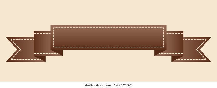 Embroidered flat style brown ribbon isolated on ivory background. Brown fabric vintage tape. Template for banner, award, sale, icon, logo, label, poster etc. Vector illustration