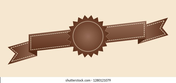Embroidered flat style brown ribbon isolated on ivory background. Brown fabric vintage tape. Template for banner, award, sale, icon, logo, label, poster etc. Vector illustration