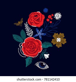 Embroidered floral  vector design.Colorful stitched flower, eye and leafs.