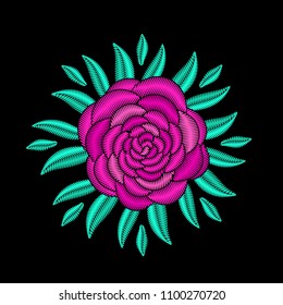 Embroidered floristic summer decorative composition. Needlework illustration. Pink peony flower motive. EPS 10 vector embroidery pion fashion template.