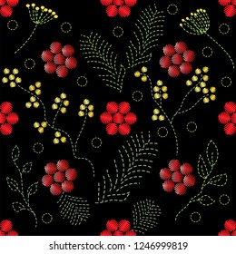 Embroidered flower pattern, Embroidery seamless pattern with flowers. Vector floral ornament on black background. Embroidery for fashion textile and fabric. embroidered traditional floral design