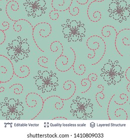 Embroidered flowers and curles. Seamless pattern. Vintage vector design. Hand drawn sketch elements.