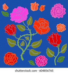 Embroidered flowers for denim design. Vector floral pattern with gypsy style roses. Bohemian textile collection.