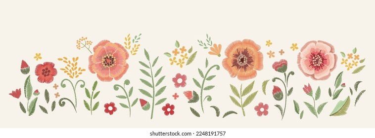 Embroidered flowers. Design element. Vector floral print.