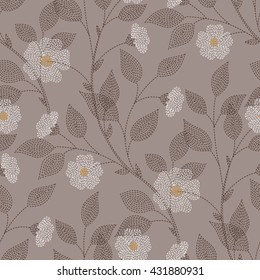 Embroidered flowers and leaves on brown background. Seamless pattern for your design
