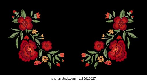 Embroidered flowers on a black background. Vector floral print.