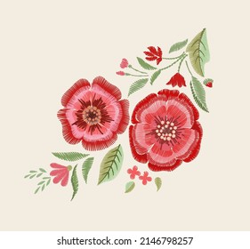 Embroidered flowers on a white background. Vector floral print.