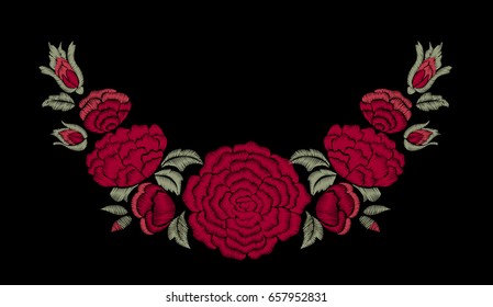 Embroidered flowers. Red roses on a black background. Neck embroidery. Vector floral print.