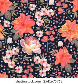 Embroidered flowers. Seamless pattern with bright flowers. Vector design.