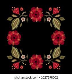 Embroidered flowers. Vector floral print on a black background. Vintage design.