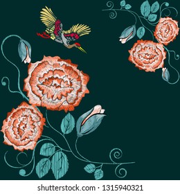 Embroidered folk ornament of orange roses, crane and other wildflowers. Vector illustration.