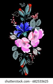 Embroidered folk ornament of pink flowers, and other wildflowers. Vector illustration.