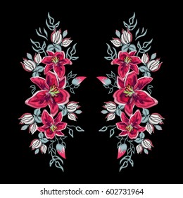 Embroidered folk ornament of pink lilies and other wildflowers.