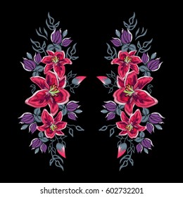Embroidered folk ornament of pink lilies and other wildflowers.