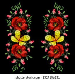 Embroidered folk ornament of red poppies and other wildflowers.