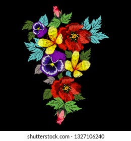 Embroidered folk ornament of violet flowers, red poppies and other wildflowers. Vector illustration.