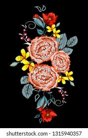 Embroidered folk ornament of yellow lilies. red poppies, orange roses and other wildflowers. Vector illustration.