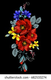 Embroidered folk ornament of yellow lilies. red poppies and other wildflowers. Vector illustration.