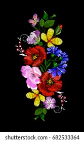 Embroidered folk ornament of yellow lilies. red poppies and other wildflowers. Vector illustration.