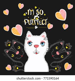 Embroidered funny cat with message. Vector illustration for design of textiles and typography.