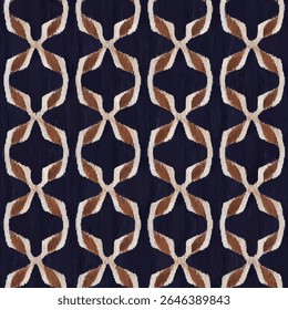 Geborduurde geometrische bladmotief in marineblauw en bruin. grunge lijnen ikat patroon, ikat naadloos patroon, Vector illustratie achtergrond voor het afdrukken van het papier.