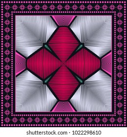 Embroidered geometric pattern with frame border. Tribal ethnic ornament for the carpet, bandana, shawl, neck scarf or kerchief design. Colorful print of handmade. Vector fashion illustration