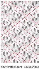 Embroidered geometric pattern. Ornament for the carpet. Ethnic and tribal motifs. Vintage grunge texture. Colorful print of handmade. red, gray and white colors. Vector art. - 