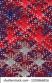 Embroidered geometric pattern. Ornament for the carpet. Ethnic and tribal motifs. Vintage grunge texture. Colorful print of handmade. gray, blue, navy and red colors. Vector art. - 