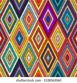 Embroidered geometric seamless pattern. Handmade in bohemian style. Patchwork hand-drawn ornament. Pricn for textiles, wrappers, carpets. Ethnic and tribal motifs. Vector illustration.