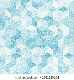 Patrón transparente geométrico bordado. Huella acuarela. El adorno de patchwork azul y blanco bohemio. Textura gruesa. Ilustración vectorial.
