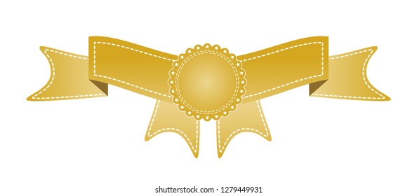 Embroidered gold ribbon isolated on white. Can be used for banner, award, sale, icon, logo, label etc. Vector illustration