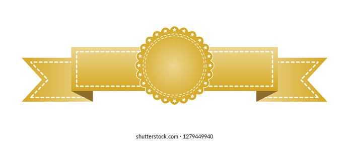 Embroidered gold ribbon isolated on white. Can be used for banner, award, sale, icon, logo, label etc. Vector illustration
