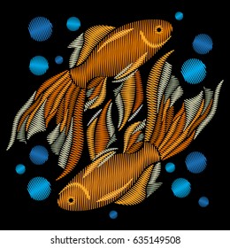 Embroidered goldfish. Embroidery with golden fish on a black background. Vector illustration.