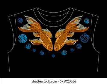 Embroidered goldfish. Embroidery with golden fish on neck line shirt. Vector illustration
