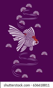 Embroidered goldfish in the waves with chrysanthemums. Vector decorative elements for embroidery, patches and stickers