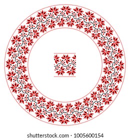 Embroidered good like handmade cross-stitch ethnic Ukraine pattern. Round ornament in ethnic style. Fashion background with ornate dish. Interior decor, clock, vector illustration.