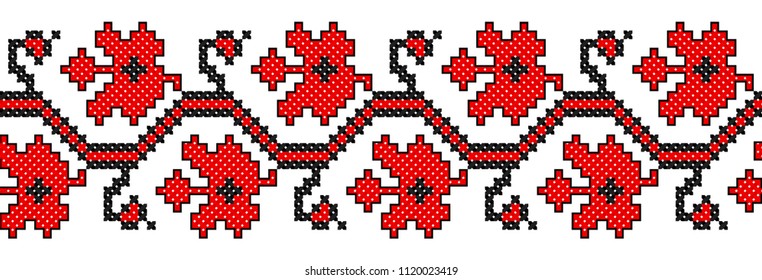 embroidered good like handmade cross-stitch ethnic Ukraine pattern for design. Red and black vector border illustration on white background. Ukrainian trditional national ornament decoration.