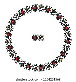 Embroidered good like handmade cross-stitch ethnic Ukraine pattern. Round ornament in ethnic style. Fashion background with ornate dish. Interior decor, vector illustration.