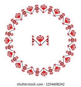 Embroidered good like handmade cross-stitch ethnic Ukraine pattern. Round ornament in ethnic style. Fashion background with ornate dish. Interior decor, vector illustration.