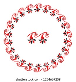 Embroidered good like handmade cross-stitch ethnic Ukraine pattern. Round ornament in ethnic style. Fashion background with ornate dish. Interior decor, vector illustration.