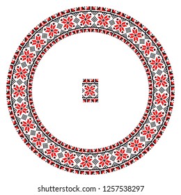 Embroidered good like handmade cross-stitch ethnic Ukraine pattern. Round ornament in ethnic style. Fashion background with ornate dish. Interior decor, vector illustration.