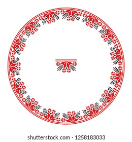 Embroidered good like handmade cross-stitch ethnic Ukraine pattern. Round ornament in ethnic style. Fashion background with ornate dish. Interior decor, vector illustration.