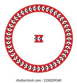 Embroidered good like handmade cross-stitch ethnic Ukraine pattern. Round ornament in ethnic style. Fashion background with ornate dish. Interior decor, vector illustration.