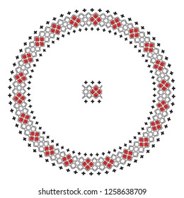 Embroidered good like handmade cross-stitch ethnic Ukraine pattern. Round ornament in ethnic style. Fashion background with ornate dish. Interior decor, vector illustration.